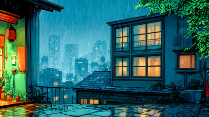Rain falling on cozy Tokyo neighborhood at night