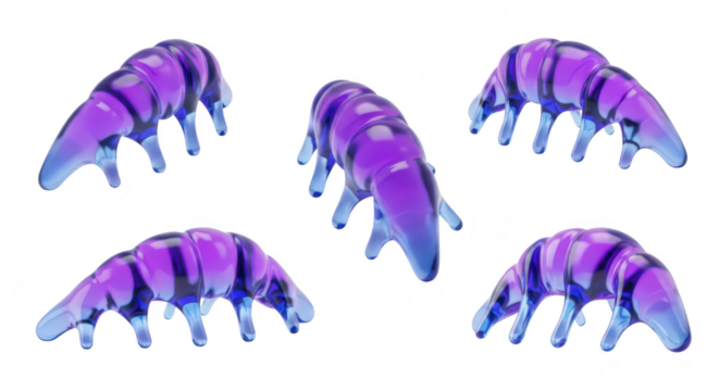 Five translucent purple alien-like creatures crawl on white representing futuristic concepts & biological designs