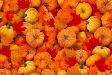 Seamless pattern of colorful autumn display of pumpkins and leaves gathered together in a seasonal celebration of harvest time