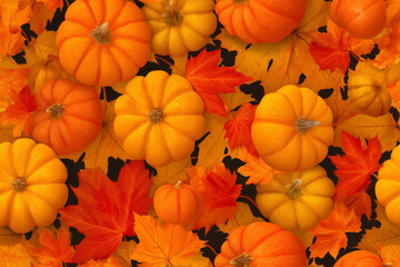 Seamless pattern of colorful autumn pumpkins and leaves create a vibrant seasonal display for fall festivities in a harvest-themed arrangement