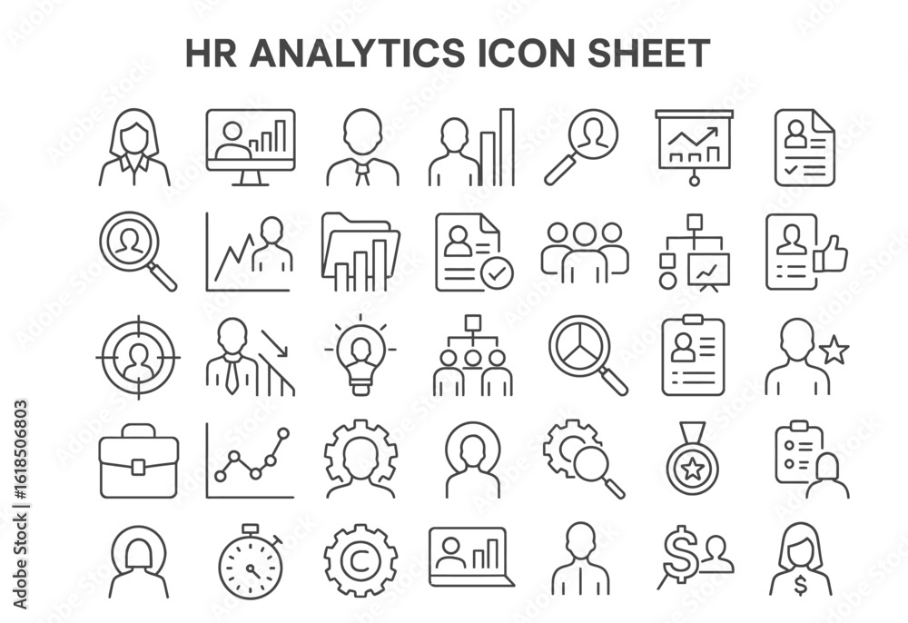 Poster hr analytics icon sheet: a comprehensive collection of minimalist line icons related to human resour