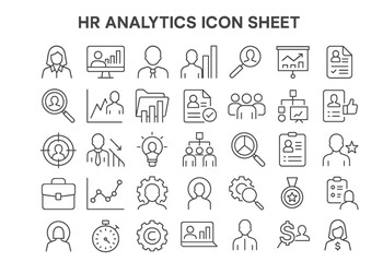 HR Analytics Icon Sheet: A comprehensive collection of minimalist line icons related to human resources analytics. The icons represent various concepts in a simple and elegant style. 