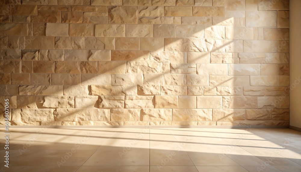 Poster sunlight streaming through a window illuminates a textured stone wall with geometric patterns of lig