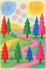 Crayon drawing of a colorful forest. Ai