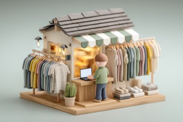 A 3D render of a small house with a man standing in front of it, portraying a small business owner working.