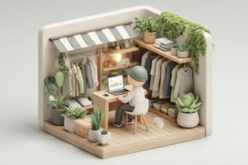 A 3D render of a miniature house with a desk and a laptop, depicting a small business owner working from home.