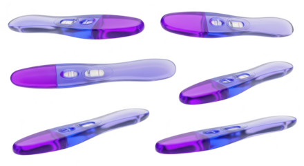 Clear pregnancy test devices on a white surface in various angled shots indicating potential positive results Background is clean and neutral for medical or informational use