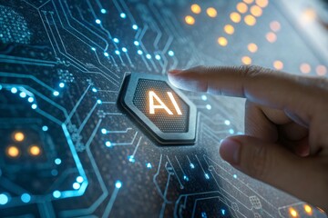 Human finger presses glowing ai button on futuristic circuit board with digital network