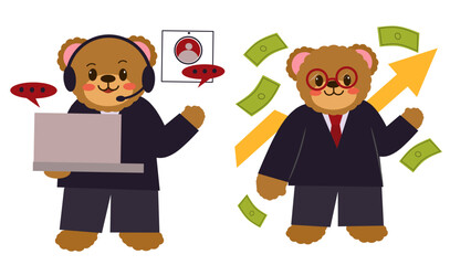 illustration of a cute bear character mascot with a finance and business theme wearing a black suit