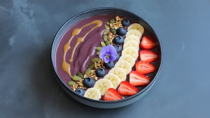 A vibrant acai bowl with fruit and peanut butter