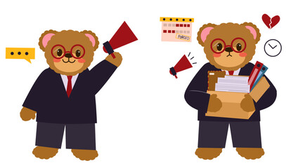 illustration of a cute bear character mascot in a suit with a business and dismissal theme