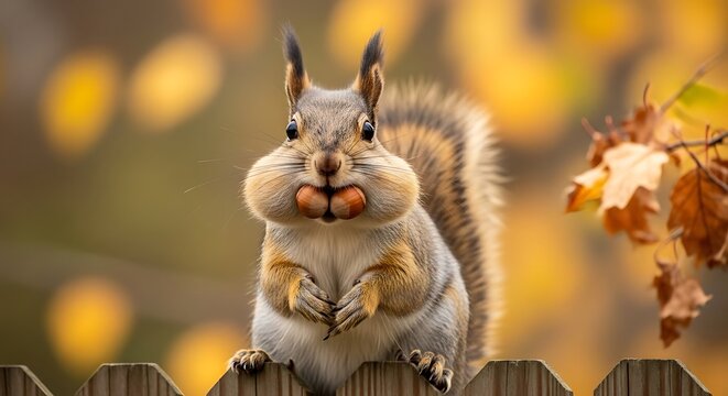 A funny gray squirrel with cheeks stuffed full of nuts sits on a fence with an autumn background.