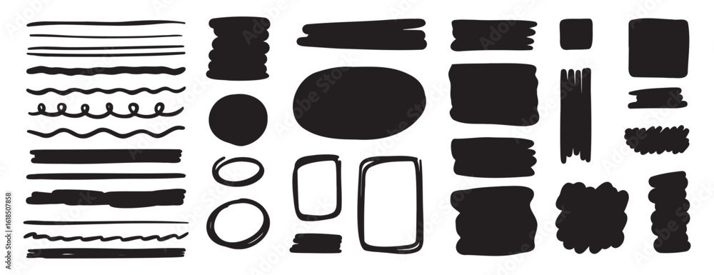 Aufkleber doodle shape rough and hand drawn rectangle grunge brush texture set. line button and circle frames.