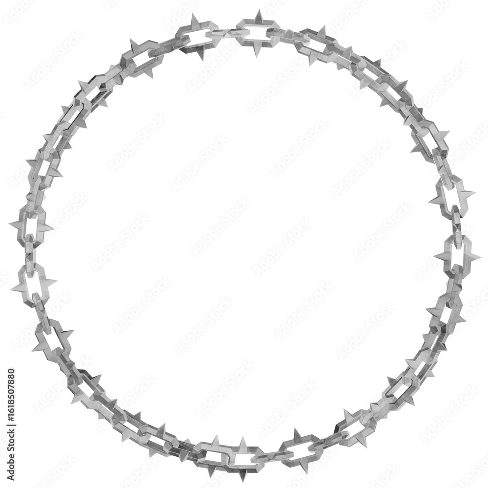 Poster a striking 3d render of a circular frame crafted from aggressive metal chains with sharp, geometric 