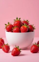Fresh Strawberries in a White Bowl Against a Pink Background