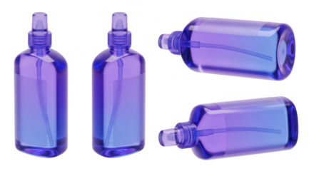 Several transparent blue-purple spray bottles in various positions isolated on white ideal for cosmetic or sanitizing product mockups