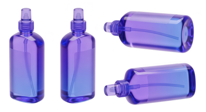 Several transparent blue-purple spray bottles in various positions isolated on white ideal for cosmetic or sanitizing product mockups
