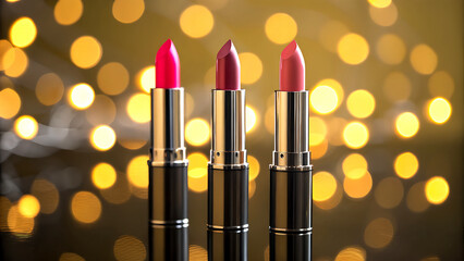 Three elegant lipsticks in vibrant shades displayed against a warm bokeh background, perfect for beauty.