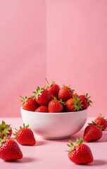 Fresh Strawberries in a White Bowl Against a Pink Background