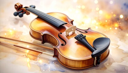 Fototapeta premium Musical instrument (e.g., a violin), polished wood texture, subtle watercolor reflections, classic and refined, full HD.