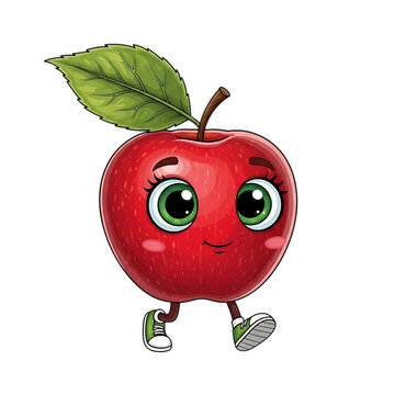 3d Cute cartoon red apple character walking isolated on transparent background