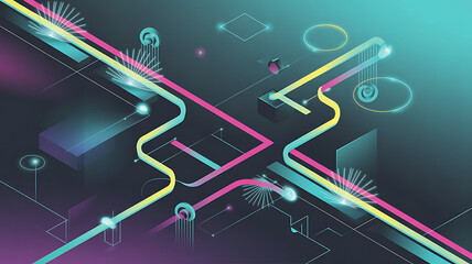 An abstract digital network with glowing lines and geometric shapes.