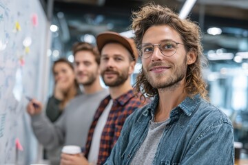 A 3D render of a man with glasses and a beard participating in a startup team brainstorming session