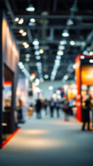 Fototapeta premium Blurred Trade fair show background, exhibition with booths for business, companies and industry to showcase and demonstrate products and services, for people, partners and customers