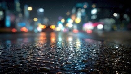 Rainy city night, blurred lights reflected on a wet, textured street surface