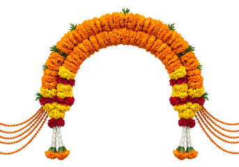 Orange and yellow marigold flower arch isolated on transparent background