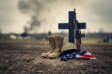 Powerful tribute to fallen soldiers memorializing sacrifice with boots, rifle, flag, and cross on battlefield
