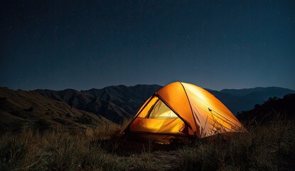 Illuminated orange tent nestled in mountain meadow at night