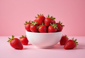 Fresh Strawberries in a White Bowl Against a Pink Background