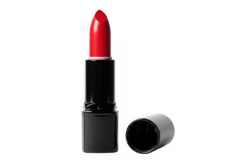 Red lipstick with black tube and cap isolated on transparent background