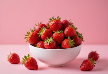 Fresh Strawberries in a White Bowl Against a Pink Background