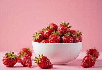 Fresh Strawberries in a White Bowl Against a Pink Background