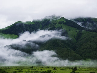 Beautiful hills in nepal in monsoon with clouds