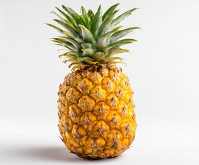 Fototapeta premium Whole Fresh Pineapple with Green Leaves on White Background, Summer Tropical Fruit Still Life with Copy Space