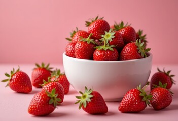 Fresh Strawberries in a White Bowl Against a Pink Background