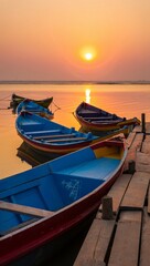 Fototapeta premium Colorful boats docked on wooden pier at golden sunset