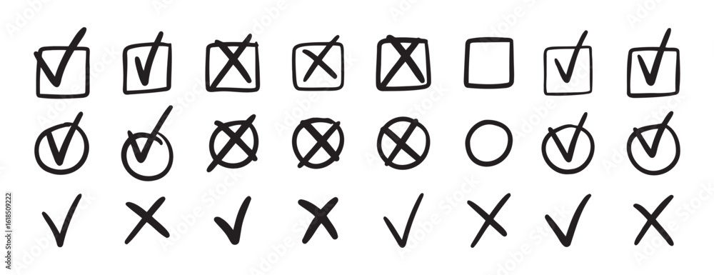 Poster check mark icon set. cross icons set. hand drawn black strokes marks for check list items. checkbox.