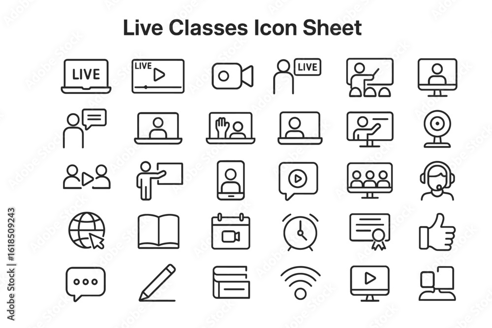 Poster live classes icon sheet: a comprehensive icon sheet, designed with clear lines and modern shapes, sh