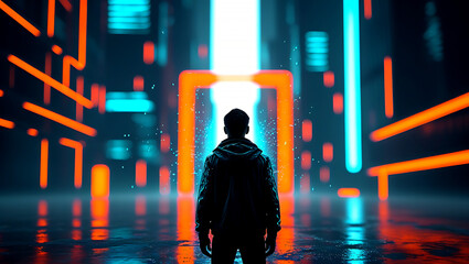 Person approaching glowing portal in vibrant neon cyber world with reflective wet ground
