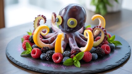A creative fruit octopus dessert with berries and orange slices