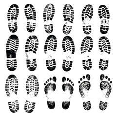 Vector illustration of various shoe and foot prints in black ink showing different textures and patterns