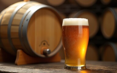 A glass of beer with a barrel for international beer day. High quality