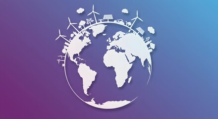 Representation of Earth with various symbols of renewable energy and environmental sustainability surrounding it
