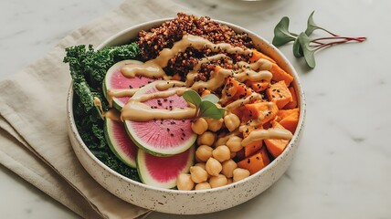 A nutritious quinoa bowl with kale, watermelon radish, and chickpeas