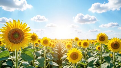 Obraz premium A vibrant field of yellow sunflowers stretches toward the horizon, glowing brightly under a clear sky