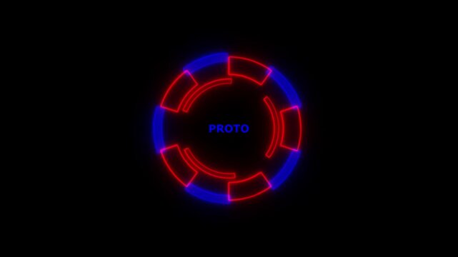 Futuristic Neon Circle Animation with P R O T O Text Glowing Red and Blue Digital Interface
